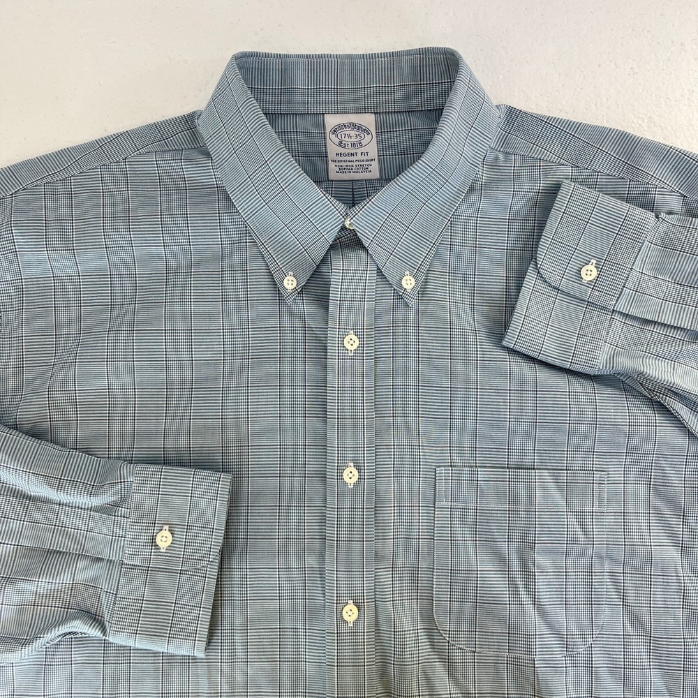 Brooks Brothers Shirt Mens 17.5 35‎ Blue Plaid Regent Fit Non Iron Supima Cotton